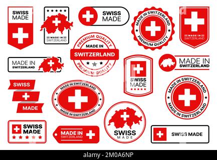Made in Switzerland. Swiss quality icons, labels with flag. European nation, Switzerland country manufacturer product quality warranty certificate vector stamps, emblems or tags, certified seals Stock Vector