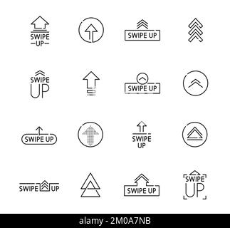 Swipe up icons, arrow buttons to scroll and drag for social media application, vector linear symbols. Mobile app interface buttons to swipe up, flat thin line arrows for website UI and UX Stock Vector