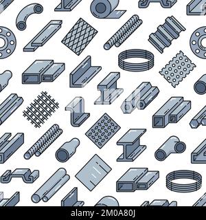 Color steel and aluminum rolled metal, stainless profile seamless pattern. Construction and metallurgy industry metal bars, tubes and mesh on wrapping paper background, fabric or textile pattern Stock Vector