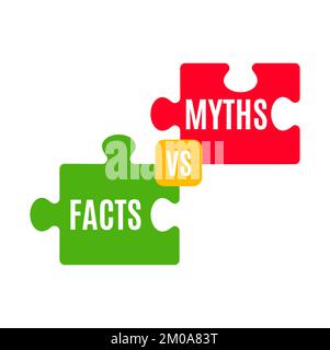 Myths vs facts icon, truth and false vector badge with red and green jigsaw puzzle pieces. True or reality versus lie, fake or fiction isolated symbol, fact checking, fake news or myth busting themes Stock Vector