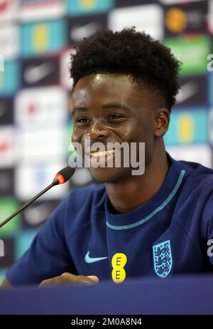 England's Bukayo Saka during a press conference at the Main Media Centre in Doha, Qatar. Picture date: Monday December 5, 2022. Stock Photo