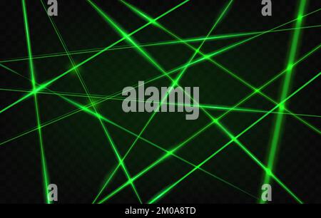 Crossed laser green light beams on black background, vector neon glow lines effect. Green laser flashes and rays of energy, futuristic tech scanner laser lights and sparkle shines in dark space galaxy Stock Vector