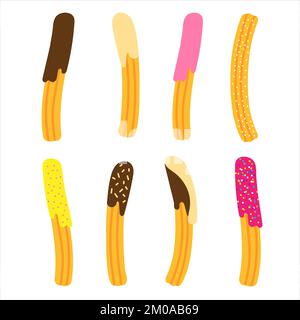 Set of churros with different toppings. Mexican snack. Hand drawn vector illustration. Churros sticks, different shapes on white. Stock Vector
