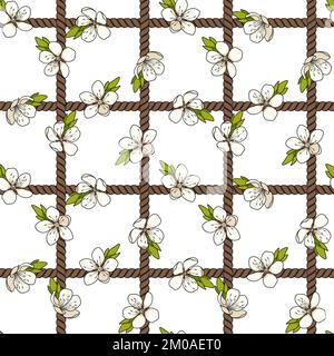 Seamless pattern with net of the cord and white spring flowers. Colored vector background with objects on white. Stock Vector