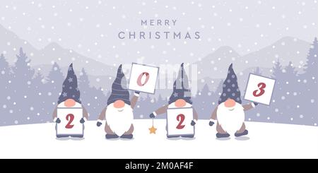 christmas greeting card 2023 with cute christmas dwarf and snowy landscape Stock Vector
