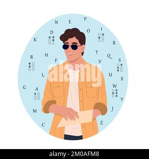 World Braille Day.Young smiling blind man in glasses reading something in braille. Flat vector illustration Stock Vector