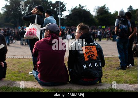 Concertgoers pose for a portrait during the third day of the comeback of 'Rock al Parque' music festival, the biggest rock festival in latin america a Stock Photo