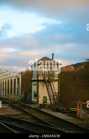 A view of the old signal box at Embsay Railway Station, Embsay, Skipton, North Yorkshire, United Kingdom, Europe Stock Photo