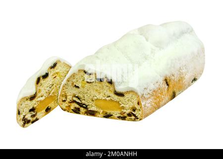 German Stollen Christmas cake with icing sugar and marzipan isolated on white background Stock Photo