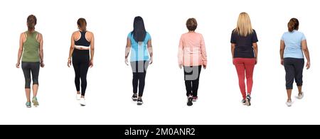 back view group of women in sportswear walk on white background Stock Photo