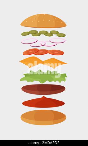 Burger ingredients set. Bun, cutlet, tomatoes, cucumbers, onions, cheese, ketchup and lettuce. Vector illustration of flat icons on white background. Stock Vector