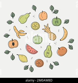 Hand drawing set of fruits in doodle style. The set includes icons as apple, pear, peach, pineapple, apricot, watermelon, lemon, orange, banana. Stock Vector