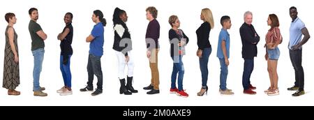side view of large group o people on white background Stock Photo