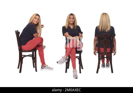 side, back and front view same middle aged woman sitting on chair on white background Stock Photo