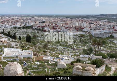 Tetouan, Morocco - April 19, 2019: The old city of Tetouan is an oasis of tranquility and beauty, with its narrow cobbled streets and its white Andalu Stock Photo