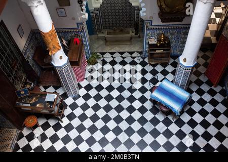 Tetouan, Morocco - April 19, 2019: Reception view from above of traditional Tetouan hotel Stock Photo