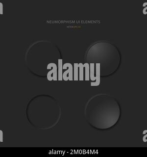 A set of user interface design elements. Round buttons in neumorphic style on a black background. Stock Vector