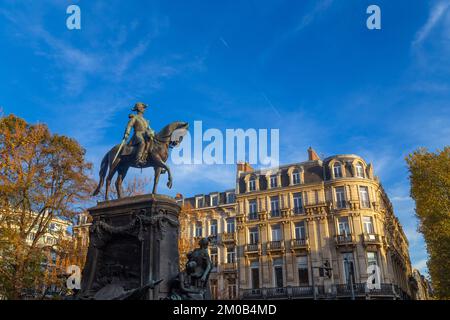 Lille, France, Nord-Pas-de-Calais: November 10, 2022: Equestrian Statue of General Louis Faidherbe on square Richebe in Lille inaugurated in 1896. Stock Photo