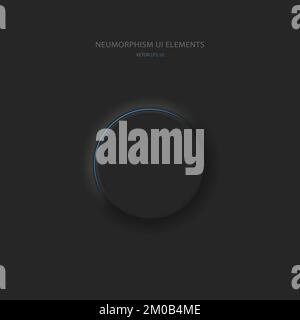 Round black button in Neumorphic style with blue backlight. User interface design elements. Stock Vector