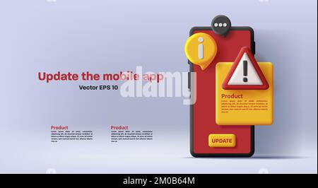 3d illustration of a smartphone with warning error message pop up from the screen, render style Stock Vector