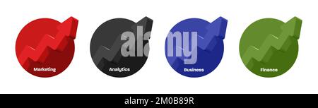 Set of business labels, circle with 3d arrows pop up from it in different colors, isolated Stock Vector