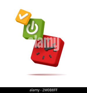 3d alarm clock, square shape with power button and check mark, isolated illustration icon Stock Vector