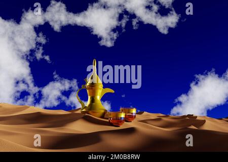 Middle Eastern Arabic Coffee Dallah Pot in Desert Sand Dunes - 3D Illustration Render Stock Photo