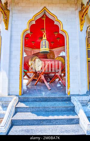 The large ritual drums in Wat Chana Songkhram monastery complex, Bangkok, Thailand Stock Photo