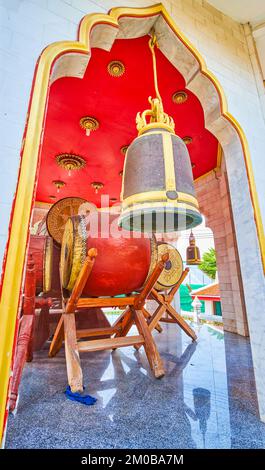 Large ritual drums in Wat Chana Songkhram monastery complex, Bangkok, Thailand Stock Photo