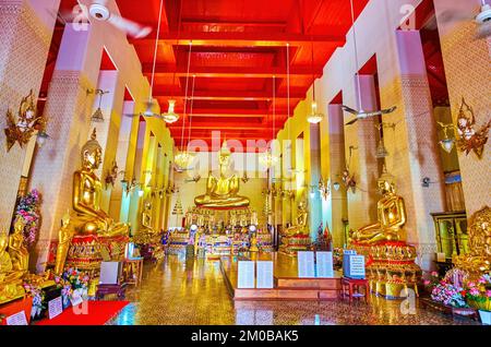 BANGKOK, THAILAND - APRIL 23, 2019: The interior of Grand Viharn shrine of Wat Mahathat temple, on April 23 in Bangkok, Thailand Stock Photo