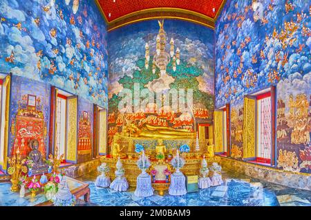 BANGKOK, THAILAND - APRIL 23, 2019: Panorama of the Image House of Wat Bowonniwet Vihara with colorful frescoes on the walls, on April 23 in Bangkok, Stock Photo