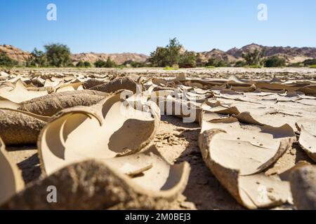 Dried earth mud cracks in Swakop River bed. Landscape image displays nature of climate change. Damaraland, Swakop River, Namibia Stock Photo