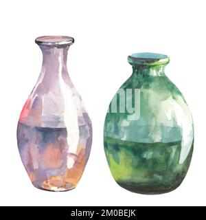 Glass bottles watercolor illustration isolated on white background. Vase for flowers. Watercolor illustration. Stock Photo