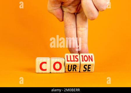 Collision course symbol. Concept word Collision course on wooden cubes. Beautiful orange table orange background. Businessman hand. Business collision Stock Photo