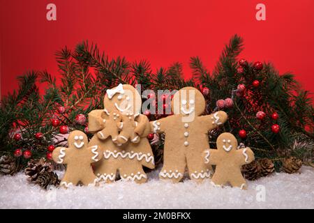GingerBread Family on a Christmas Festive Background Stock Photo