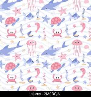 Seamless pattern with shark, turtle, fish, crab and shrimp. Cute cartoon ocean characters. Underwater marine animals, algae and mussels.Vector illustr Stock Vector