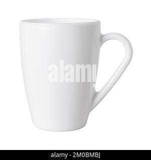 White mug cutout. Large tea cup isolated on a white background. Porcelain tableware for hot beverages closeup. Modern crockery concept. Food and drink Stock Photo