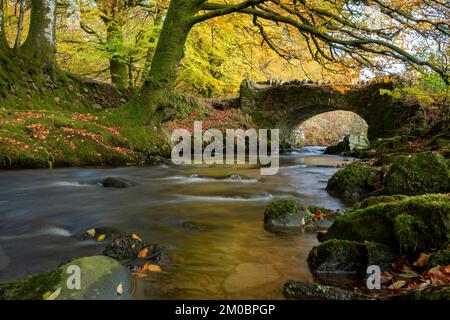 The Weir Water river flowing under Robbers Bridge in Exmoor National Park in autumn Stock Photo