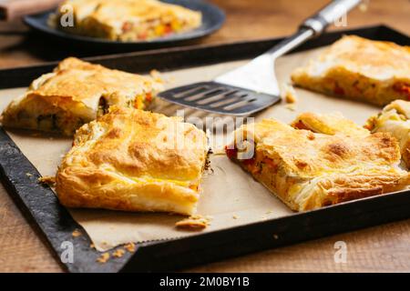 Home made vegetable pie with hummus. Stock Photo