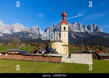 View of Going in front of Wilder Kaiser mountains, Tyrol, Austria Stock Photo