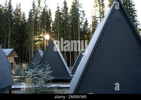 Wooden bungalow houses among greenery in forest. Triangular roof of the house extending to the ground. Treehouse. Comfortable summer cottages bungalow Stock Photo
