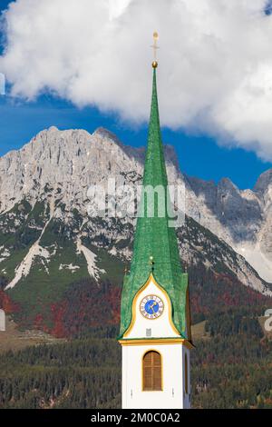 church Ellmau, Wilder Kaiser mountain range, snow Ellmau Wilder Kaiser ...