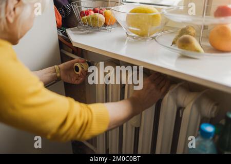 Woman adjusting the temperature of a radiator at home Stock Photo