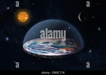 Flat Earth in space with sun and moon. The flat Earth model is an ...