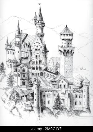German castle freehand drawn with ballpoint pen Stock Vector