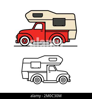 Classic retro camper shell on red vintage pickup truck. Vector illustration icon set with bold black outlines. Stock Vector