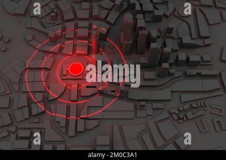 concept red epicenter in black abstract city top view. 3d rendering ...