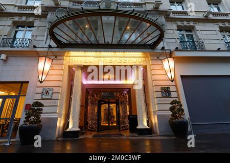 Paris, France-December 04, 2022 : Paris Marriott Opera Ambassador Hotel situated in the heart of the Opera District near iconic Parisian attractions, Stock Photo