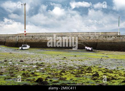 Port of Rianxo at low tide. Green algae and two anchored fishing boats in front of the wall under a gray cloudy sky in the background Stock Photo