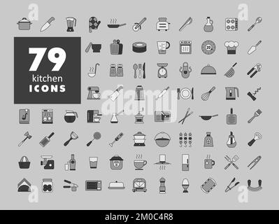 Cooking and kitchen vector color grayscale icons set. Graph symbol for cooking web site design, logo, app, UI Stock Vector